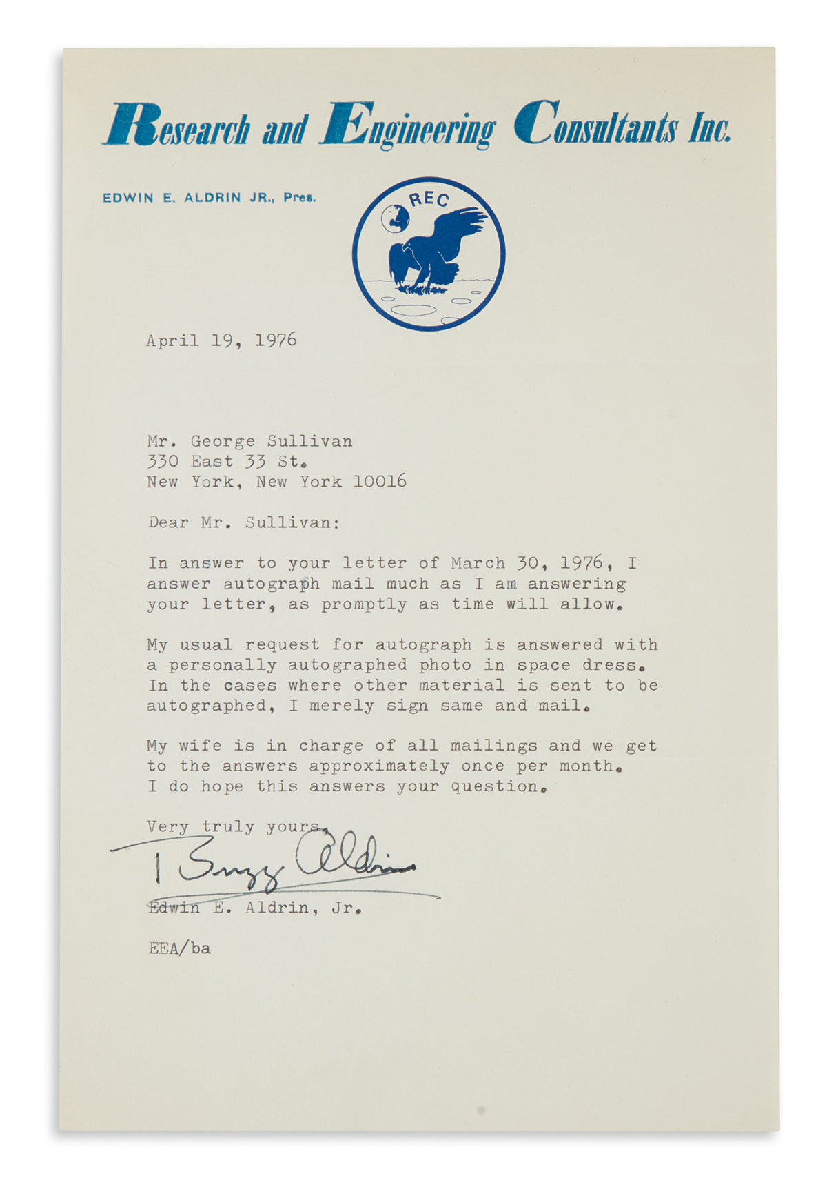 (ASTRONAUTS.) NEIL ARMSTRONG. Brief Typed Letter Signed, to George Sullivan: I do my best to honor autograph re...
